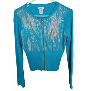 Cache Knit Cardigan Full Zip Sweater Knit Sweater Women M Blue Sequin Sweater